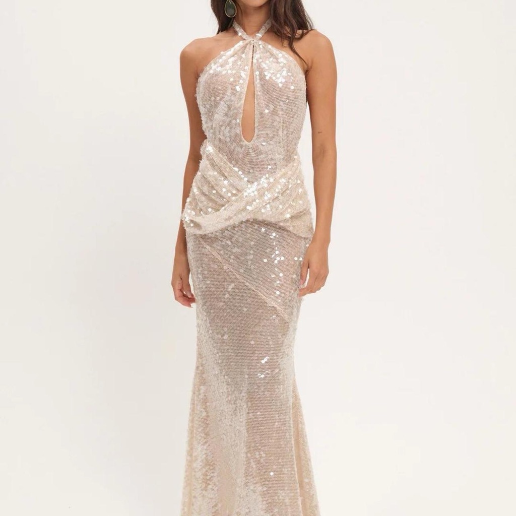 For Love & Lemons Sydney Sequin Maxi Dress Backless Halter Gown